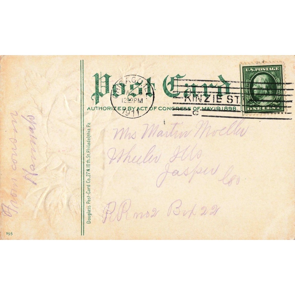 Vintage 1911 Embossed Birthday Greetings Postcard Pink Rose Chicago Postmark VG - Picture 2 of 2